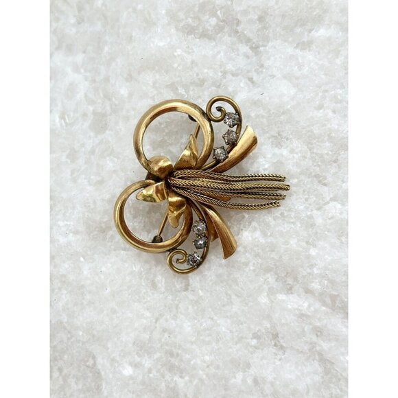 Vintage Ribbon Tassle 12k Gold Filled & Rhinestone Accented Retro Brooch Pin - Picture 4 of 6
